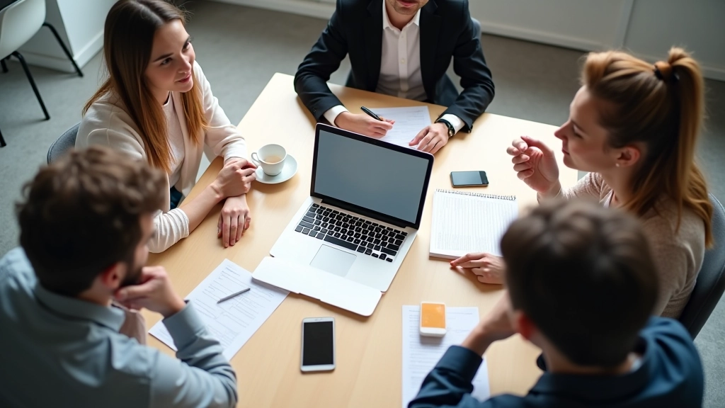Équipe réunie autour d'une table de travail avec ordinateur portable